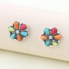 1 对老式擦洗/古董银绿松石小花耳环，适合女士波西米亚西方珠宝节日礼物情人节、妈妈、母亲、母亲节、礼物 - 小花朵耳環 - 查看 5