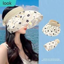 女士花卉貝殼空心大邊沿遮陽帽,可摺疊草帽,適用於夏季、海灘、旅行 - 藍色 - 查看 3