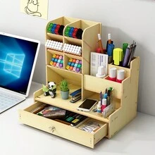 1 件多功能大容量桌面 Diy 筆架收納盒適用於辦公和文具、學生書桌收納盒 - 米色 - 查看 2