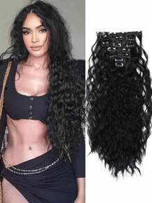 22 Inch 7pcs Curly Synthetic Hair Extension Set, For Hair Lengthening, Invisible Clips, Black - Black - View 2