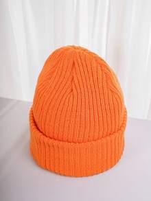 1入組中性滑雪帽，帶皮革扣簡約Y2K風格，保暖透氣時尚針織無邊帽，適用於秋冬戶外活動和休閒 - 橘色 - 查看 2