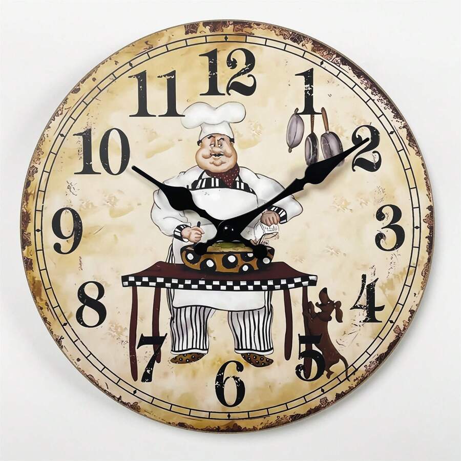 復古木質牆掛鐘,有趣廚師與狗圖案,靜音電池驅動圓形裝飾牆鐘,適用於房間、廚房、餐廳、美食節慶裝飾,送給主廚最佳禮物 10寸、12寸、14寸、16寸(不含電池) - 多色MDF055 - 查看 1