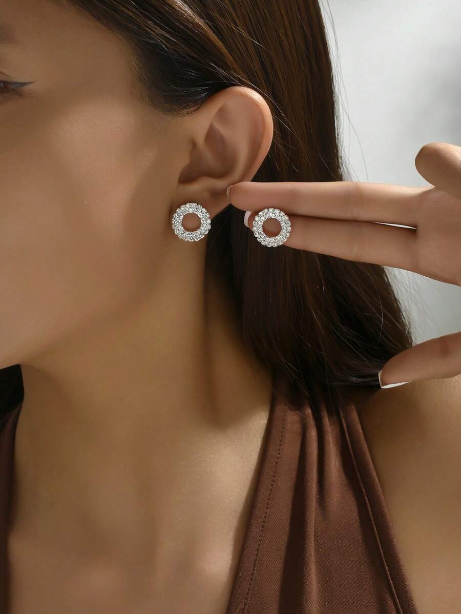 1pair Fashionable Elegant Geometric Round Rhinestone Stud Earrings For Ladies Girls Daily Casual Wear Birthday Gift - Silver - View 1