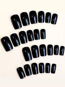 Nâng cấp diện mạo của bạn ngay lập tức với 24 chiếc móng tay ngắn vuông màu đơn giản màu đen che phủ toàn bộ móng tay giả cho phụ nữ và trẻ em gái 1 dũa móng tay & 1 tờ băng dính trên dụng cụ làm móng - màu đen - Xem 3