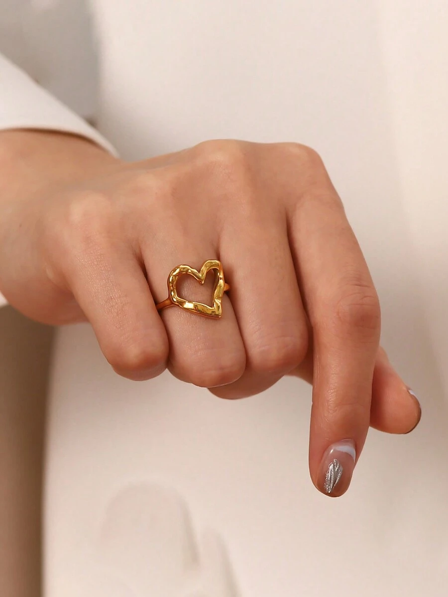1pc Fashionable Zinc Alloy Hammer Texture Heart Shaped Gold Plating Ring - Yellow Gold - View 1