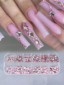 12颗粉色水晶美甲水钻，扁平混合形状，闪亮钻石宝石美甲装饰，适合DIY美甲设计配件 - 粉色 - 查看 2