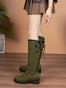 Women's Green Sexy High-heeled Knee-high Boots With Back Tie, Show Thin Short Stature British Style Long Boots - Green - View 4
