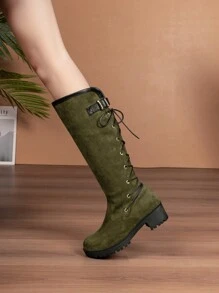 Women's Green Sexy High-heeled Knee-high Boots With Back Tie, Show Thin Short Stature British Style Long Boots - Green - View 5