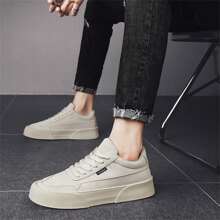 厚底圆头透气学生系带休闲运动鞋男士滑板鞋防滑耐用工作鞋适合春秋季 - 米色 - 查看 4