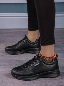 女士全黑運動鞋真皮鞋面防水防滑跑步鞋百搭舒適耐用休閒鞋小黑鞋 - 黑色 - 查看 4