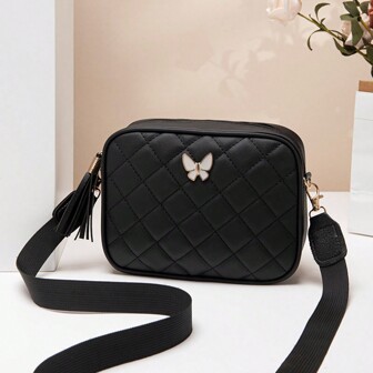 Bolso bandolera acolchado cuadrado, Billetera con cremallera y decoración metálica clásica, Bolso de hombro de piel sintética