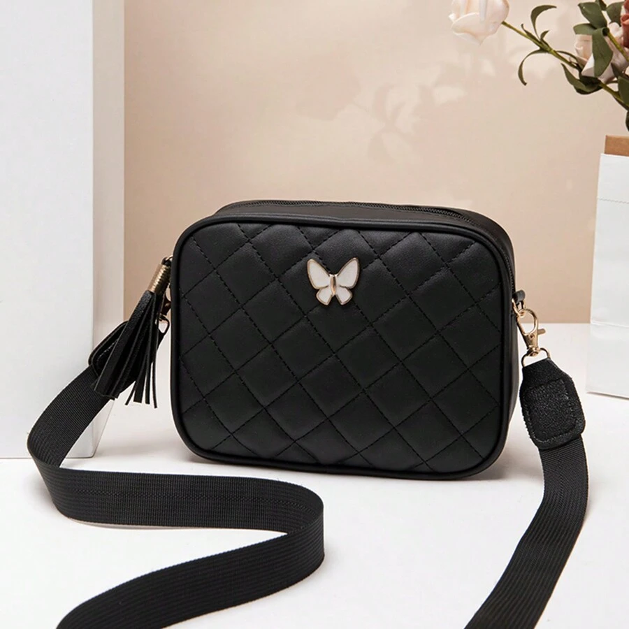 Quilted Square Crossbody Bag, Classic Metal Decor Zipper Purse, Faux Leather Shoulder Bag