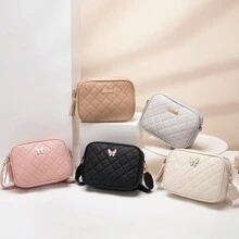 Quilted Square Crossbody Bag, Classic Metal Decor Zipper Purse, Faux Leather Shoulder Bag