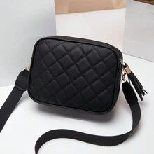 Quilted Square Crossbody Bag, Classic Metal Decor Zipper Purse, Faux Leather Shoulder Bag