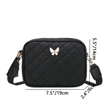 Quilted Square Crossbody Bag, Classic Metal Decor Zipper Purse, Faux Leather Shoulder Bag