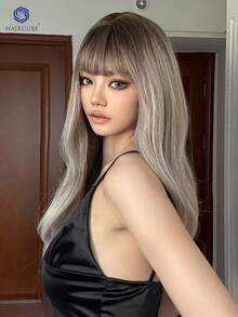 HAIRCUBE 26 英寸长卷发带刘海，黑白渐变合成耐热假发，优雅女士假发，适合日常、派对和圣诞节 - 彩色 - 查看 3