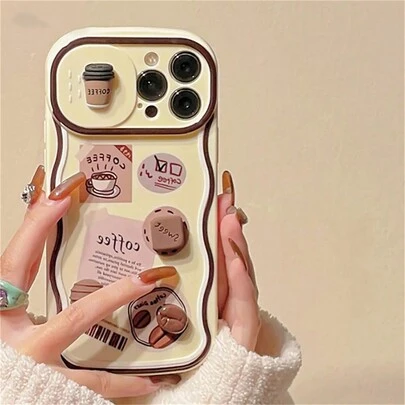 苹果韩国可爱3D咖啡推拉相机保护手机壳适用于 15 16 14 13 12 11 Pro Max X XS XR 7 8 Plus SE软壳防水防震防摔防刮