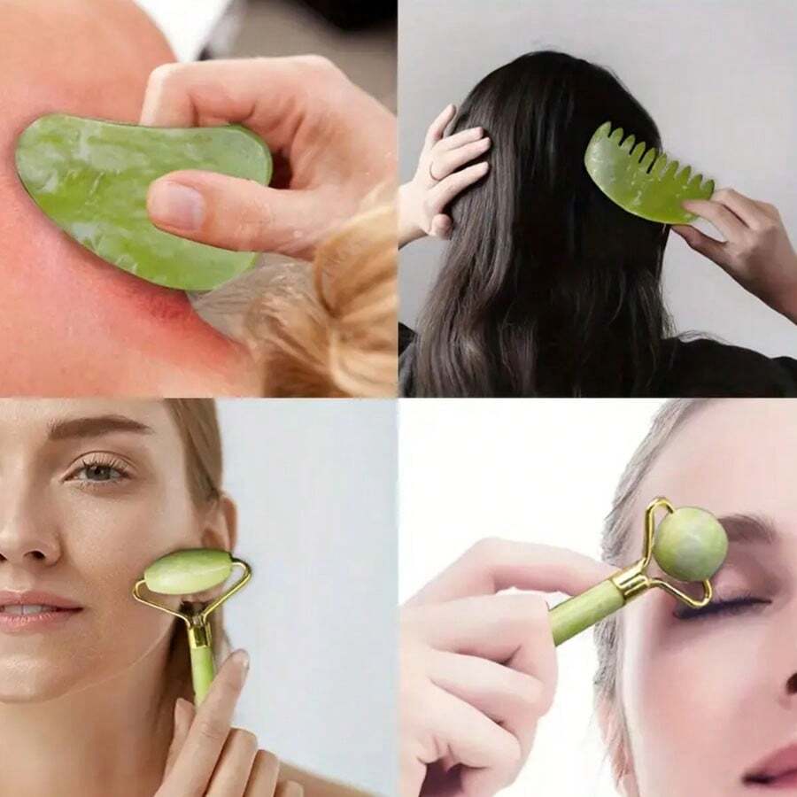 Lược ngọc bích 4 trong 1 Thêm máy mát xa con lăn ngọc bích tự nhiên cho con lăn mặt Máy mát xa mặt bằng đá ngọc bích Gua Sha Nâng cơ chống nhăn Dụng cụ chăm sóc da làm đẹp da mặt - màu xanh lá - Xem 1
