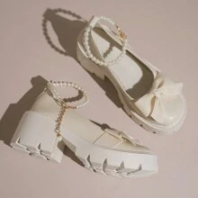 Mary Jane Flats For Women French Style 2023 Autumn Collection Pearl & Bow Detail White Flats, Suitable To Match Skirt & Outfit, School Or Office - Apricot - View 6