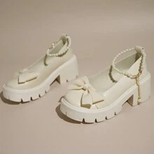 Mary Jane Flats For Women French Style 2023 Autumn Collection Pearl & Bow Detail White Flats, Suitable To Match Skirt & Outfit, School Or Office - Apricot - View 1