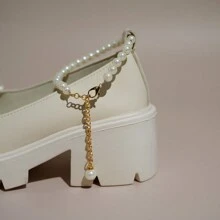 Mary Jane Flats For Women French Style 2023 Autumn Collection Pearl & Bow Detail White Flats, Suitable To Match Skirt & Outfit, School Or Office - Apricot - View 7