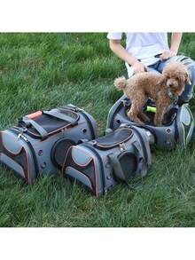 Bolsa transportadora plegable para gatos medianos y pequeños, perros y cachorros. Bolsa portatil transpirable para mascotas, color gris con lineas naranja o verde. - Naranja - Ver 2