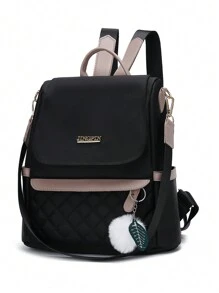 Lightweight Quilted Anti-Theft Backpack, Multiple Pockets, Embroidered Design, High-Quality Women's Travel Backpack. Women's Coin Purse, Waterproof Casual Backpack With Fur Ball Pendant, Women's Shopping Shoulder Bag, Fashion Backpack, Suitable For Girls, Elementary Students, Middle School Students, College Freshmen And Sophomores, Graduates, Mom Backpack. - Black - View 7