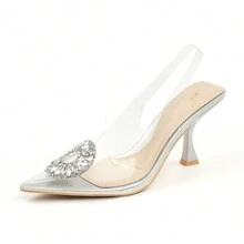 JENN ARDOR Women's Slingback Pumps Pointed Closed Toe Transparent Heels With Rhinestones Comfortable Clear Stiletto Strappy High Heeled Sandals Wedding Dress Shoes Valentines - 銀色 - 查看 5