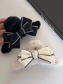 1入女士黑白蝴蝶結毛絨爪夾，優雅簡約韓版甜美頭飾 - 黑色 - 查看 2