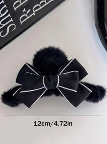 1入女士黑白蝴蝶結毛絨爪夾，優雅簡約韓版甜美頭飾 - 黑色 - 查看 4