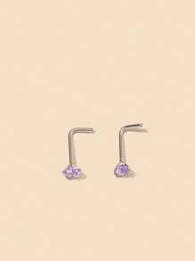 2 件/1 件时尚简约几何圆形锆石不锈钢鼻环/耳钉，适合女士，派对礼物 [注：一件可用] - 紫色 - 查看 3