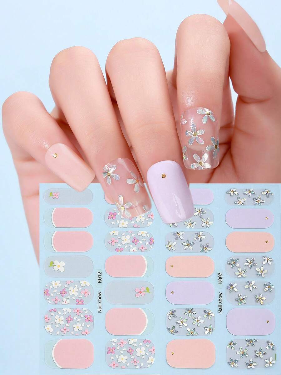 Beauty Sticker Miếng dán móng tay họa tiết hoa laser đính đá màu hồng 28 ngón tay kèm 1 kềm cắt móng - Nhiều màu - Xem 1