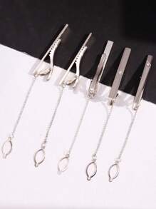 5pcs/set Silver Metal Luxury Business Style Simple Flower Brooch With Diamond & Matte Tie Clip Set, Men's Jewelry