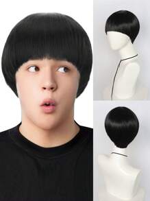男士直发墨黑色蘑菇假发，带刘海，无胶耐热假发，短款深棕色碗状剪发，搞笑书呆子假发，S 高密度合成纤维替换发，学校万圣节感恩节圣诞节服装配饰和 1 件假发帽 - 黑色 - 查看 1