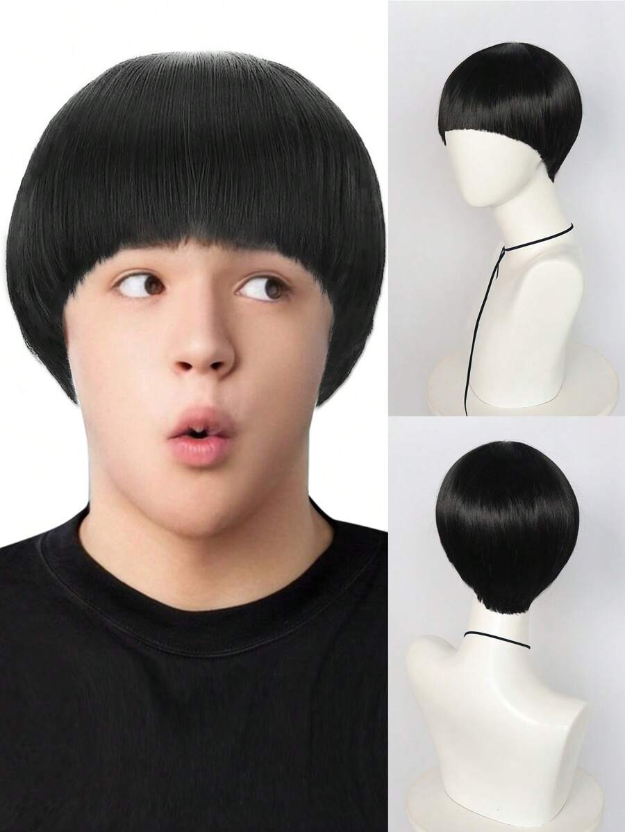 男士直发墨黑色蘑菇假发，带刘海，无胶耐热假发，短款深棕色碗状剪发，搞笑书呆子假发，S 高密度合成纤维替换发，学校万圣节感恩节圣诞节服装配饰和 1 件假发帽 - 黑色 - 查看 1