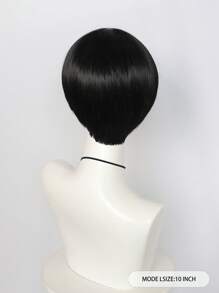 男士直发墨黑色蘑菇假发，带刘海，无胶耐热假发，短款深棕色碗状剪发，搞笑书呆子假发，S 高密度合成纤维替换发，学校万圣节感恩节圣诞节服装配饰和 1 件假发帽 - 黑色 - 查看 2