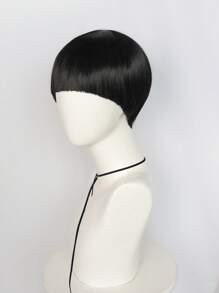 男士直发墨黑色蘑菇假发，带刘海，无胶耐热假发，短款深棕色碗状剪发，搞笑书呆子假发，S 高密度合成纤维替换发，学校万圣节感恩节圣诞节服装配饰和 1 件假发帽 - 黑色 - 查看 4