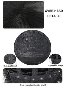 男士直发墨黑色蘑菇假发，带刘海，无胶耐热假发，短款深棕色碗状剪发，搞笑书呆子假发，S 高密度合成纤维替换发，学校万圣节感恩节圣诞节服装配饰和 1 件假发帽 - 黑色 - 查看 8