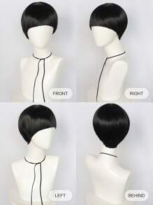 男士直发墨黑色蘑菇假发，带刘海，无胶耐热假发，短款深棕色碗状剪发，搞笑书呆子假发，S 高密度合成纤维替换发，学校万圣节感恩节圣诞节服装配饰和 1 件假发帽 - 黑色 - 查看 5
