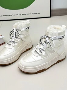 女士時尚舒適百搭高幫暖和雪地靴,新款休閒加厚底雪地靴,帶毛绒内衬 - 米色 - 查看 4
