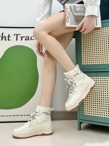 女士時尚舒適百搭高幫暖和雪地靴,新款休閒加厚底雪地靴,帶毛绒内衬 - 米色 - 查看 6