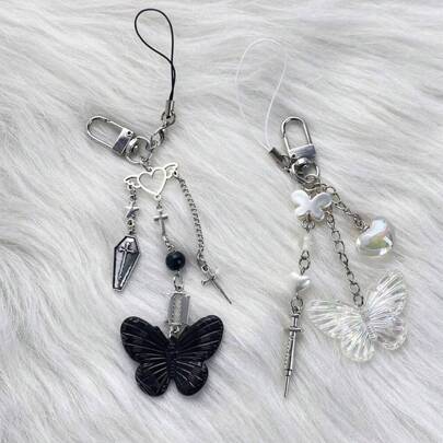 1 件女式 Y2k 千禧蝴蝶钥匙扣创意独特手机项链个性化耳机套包饰物最佳朋友礼物钥匙链饰物钥匙挂绳 Therian