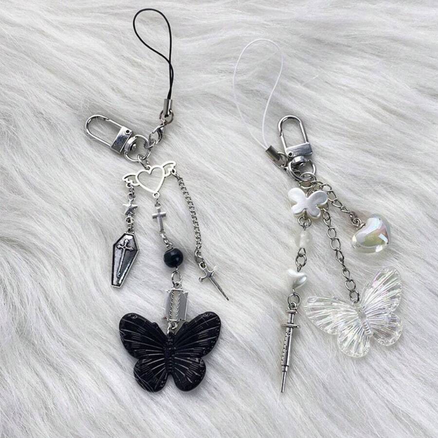 1 件女式 Y2k 千禧蝴蝶钥匙扣创意独特手机项链个性化耳机套包饰物最佳朋友礼物钥匙链饰物钥匙挂绳 Therian - 彩色 - 查看 1