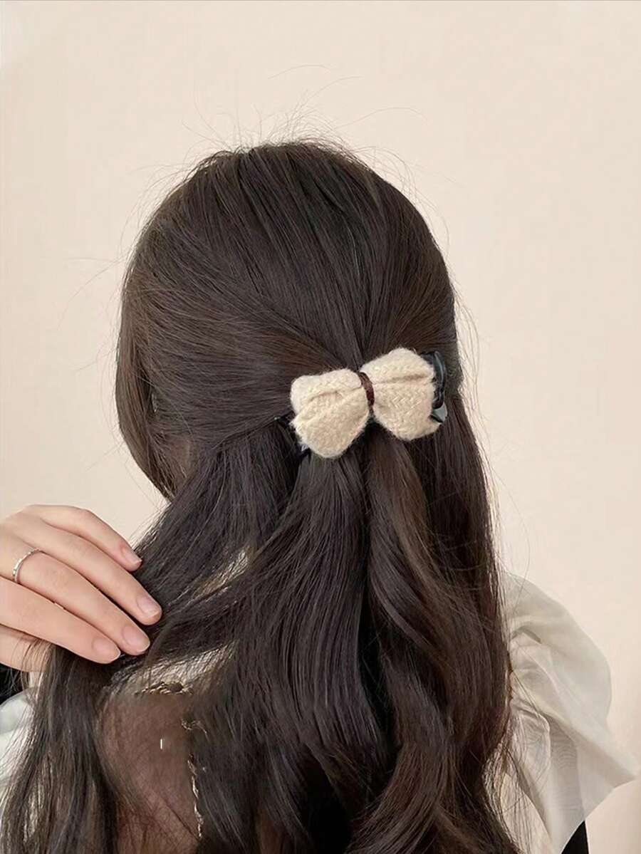 1入女士米色針織蝴蝶結髮夾，適用於日常穿著，適合高馬尾、包髮和髮髻 - 米色 - 查看 1