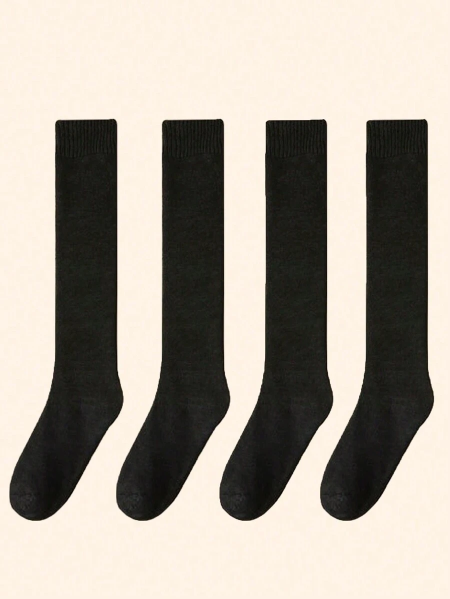 4對女士純色加厚保暖過膝襪,適用於秋冬季節 - 黑色 - 查看 1