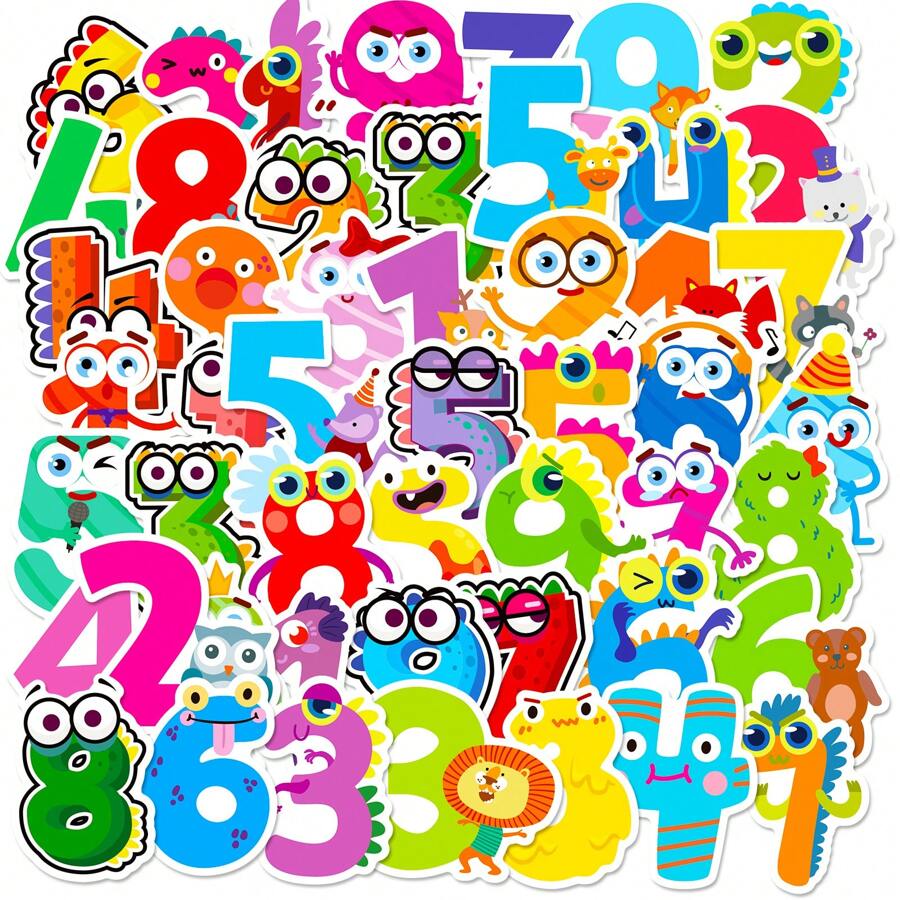 50 件數位貼紙,卡通動物數字 0 至 9 貼紙,適用於水瓶、剪貼簿、筆記型電腦、手機、乙烯基防水貼紙,適合學生青少年教師 - 彩色 - 查看 1