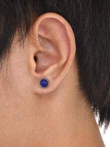 1pc Stainless Steel Round Blue Sapphire Stud Earring For Men - Royal Blue - View 1