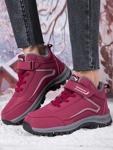 1 Pair Warm High-Top Sport Shoes For Elderly Women, Winter 2024 New Warm High-Top Shoes For Middle-Aged & Elderly Women, Hook And Loop Closure No Lace Mom Shoes With Fleece, Anti-Slip Traveling Snow Field Anti-Slip Winter Shoes - Red - View 4