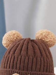Baby Hat With Cute Bear Design, Knitted Earflap Beanie, Thickened, Warm, Suitable For Winter - Mocha Brown - View 4