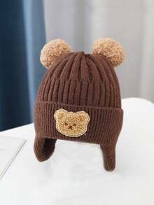 Baby Hat With Cute Bear Design, Knitted Earflap Beanie, Thickened, Warm, Suitable For Winter - Mocha Brown - View 2